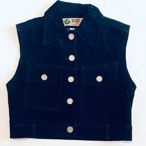 Mgr black leather vest Women's Medium cropped sleeveless coin button vintage 90s